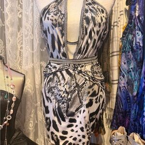 Vie Sauvage Jennifer Halter Leopard Print Mini Dress with Swarovski Crystal Trim